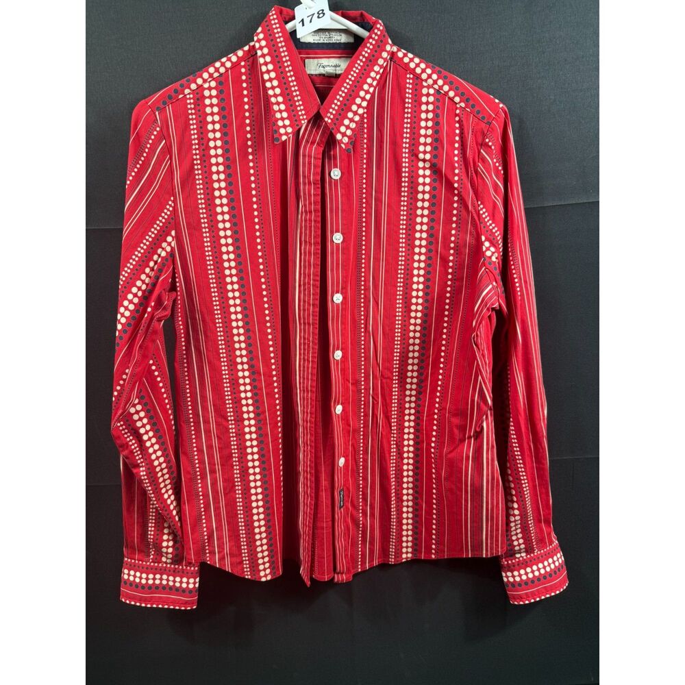 (S) - Façonnable Women's Red Dot Striped Long Sleeve Button Down Shirt